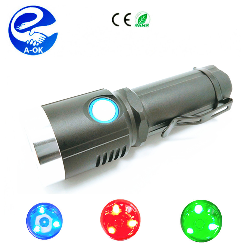 Multi-function strong light led flashlight usb rechargeable red light green ray flashlight.