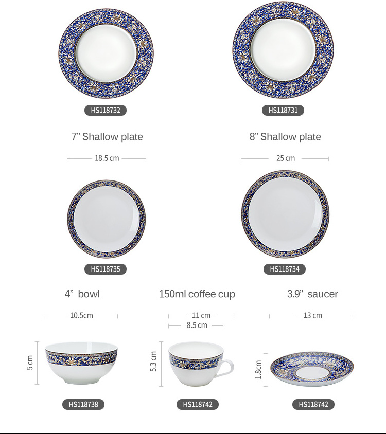 China Supplier Bone China Dinner Set Pakistan, Factory Good Quality Gold and Blue Fine Bone China Microwave/