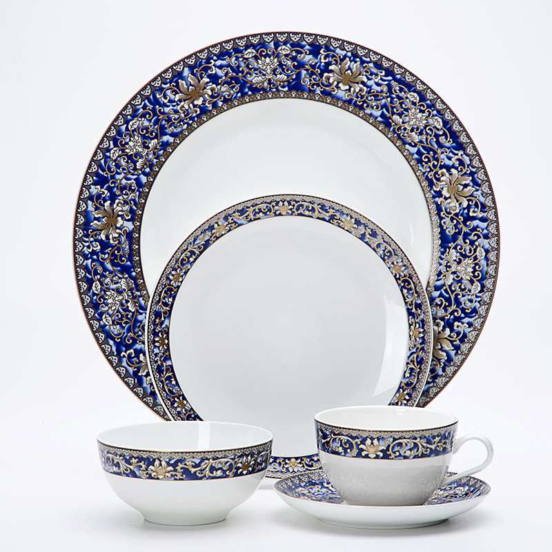 China Supplier Bone China Dinner Set Pakistan, Factory Good Quality Gold and Blue Fine Bone China Microwave/