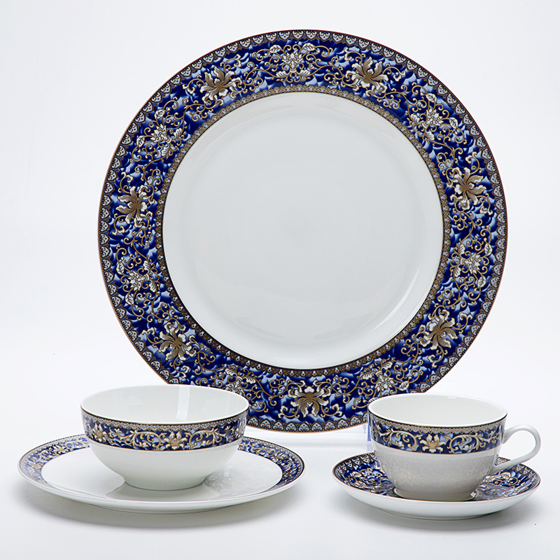 China Supplier Bone China Dinner Set Pakistan, Factory Good Quality Gold and Blue Fine Bone China Microwave/