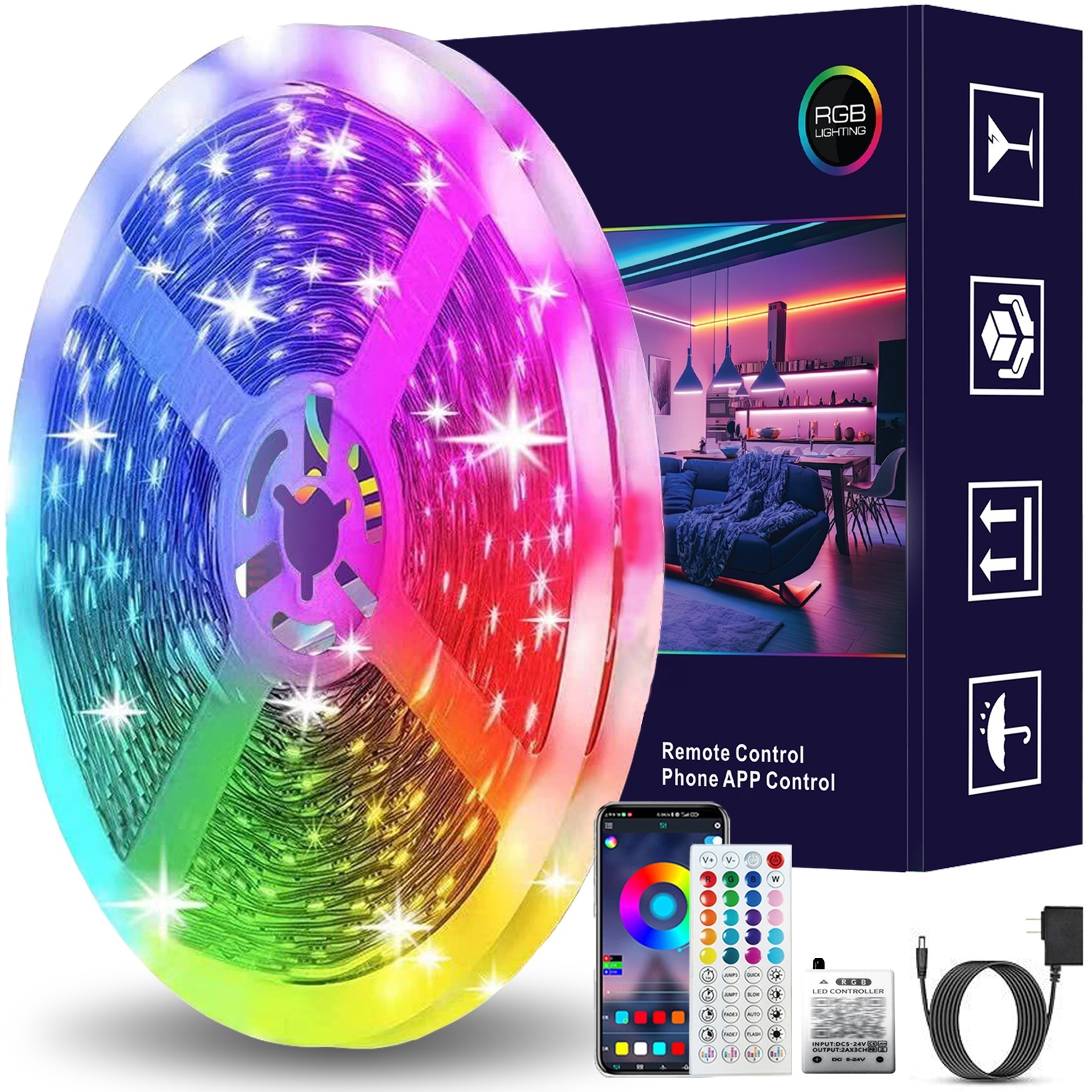 33FT50FT 66FT 100FT RGB Strip Light 12v 24v Smart APP Control  Color Changing for Bedroom Kitchen Party Home Decoration