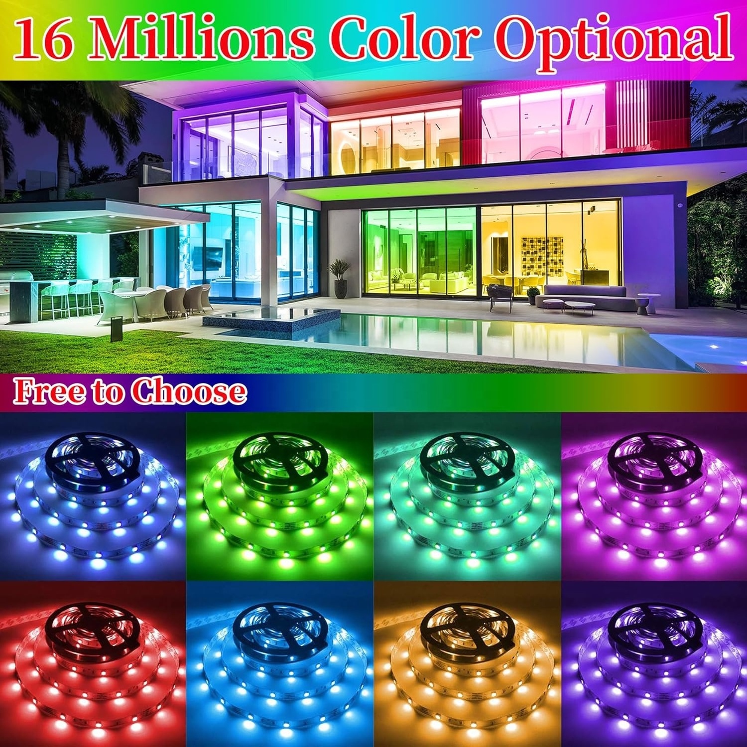 33FT 50FT 66FT 100FT smart LED Strip Lights Music Syn Long Light Span RGB Color Changing for Bedroom Room  DIY APP Remote