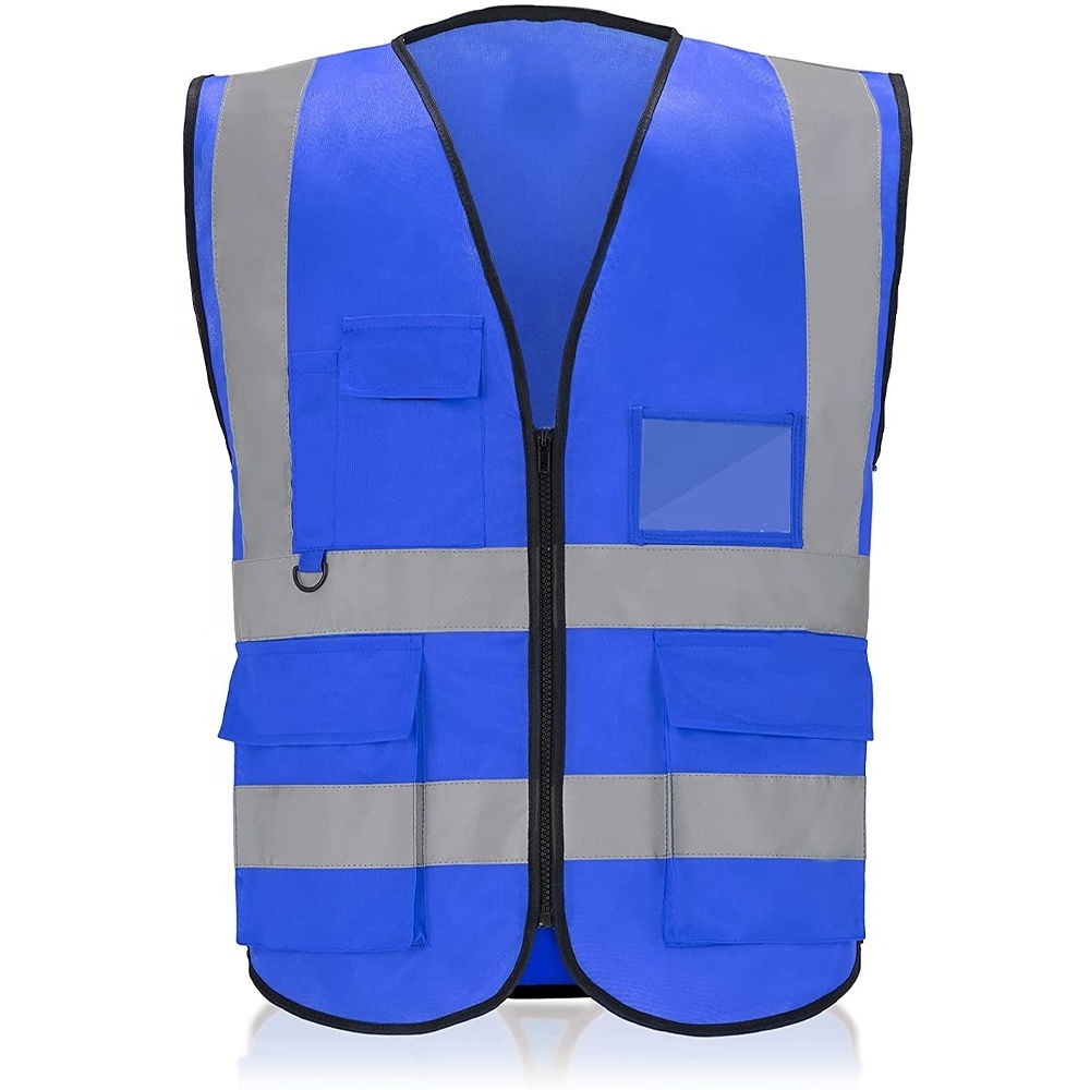 Construction Workwear High Visibility Vest Blue Color Safety Vest Reflective With Pockets and Zipper