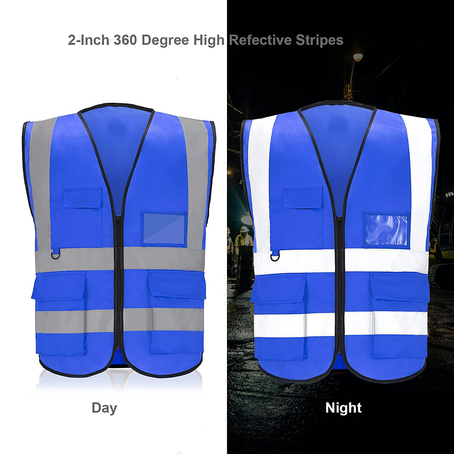 Construction Workwear High Visibility Vest Blue Color Safety Vest Reflective With Pockets and Zipper