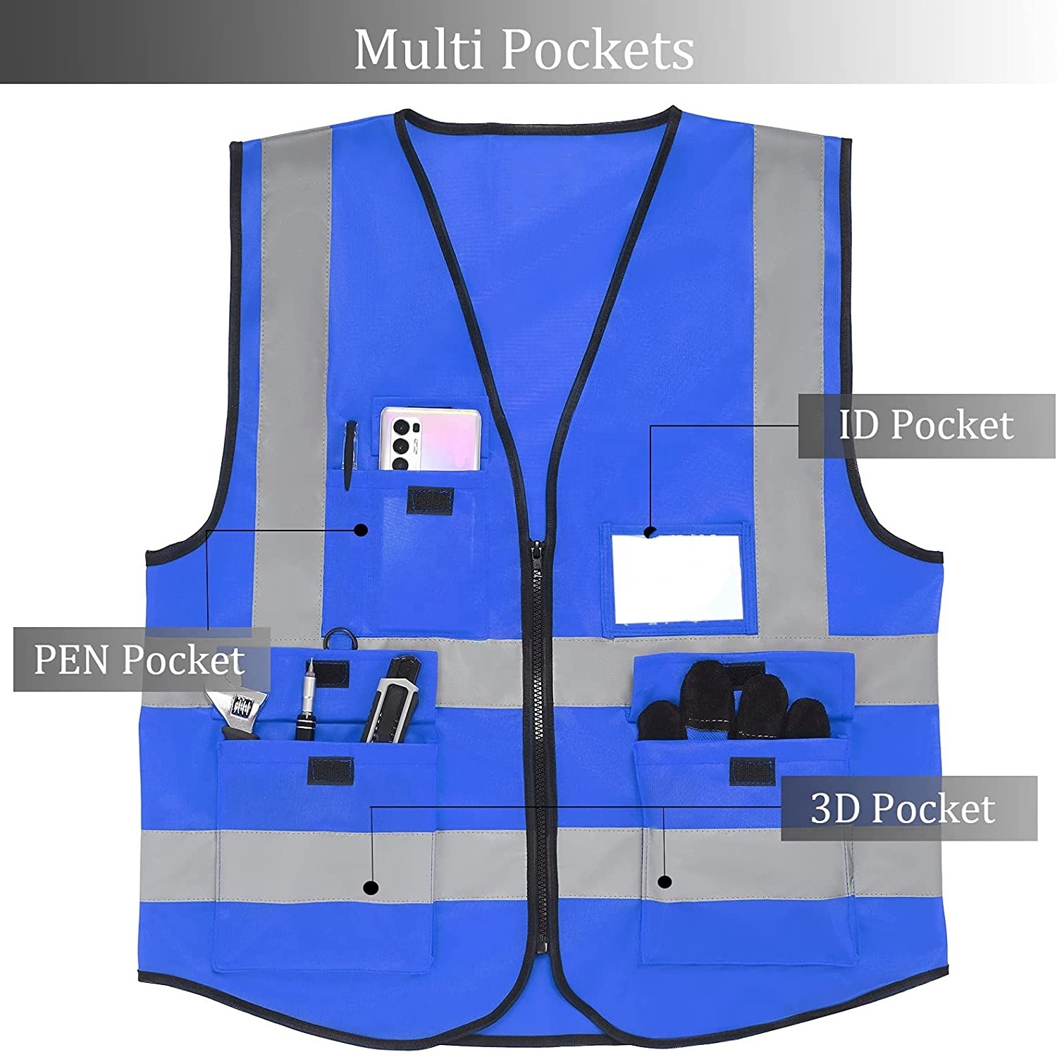 Construction Workwear High Visibility Vest Blue Color Safety Vest Reflective With Pockets and Zipper