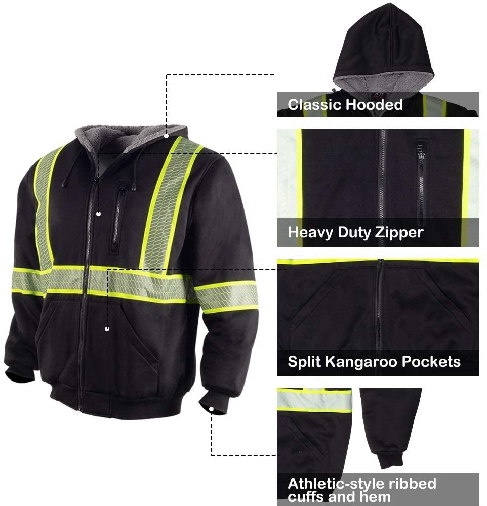 Wholesale Mens High Vis Safety Reflective Sweatshirt Wool Fleece Zipper Jacket Hoodie Safety Jacket