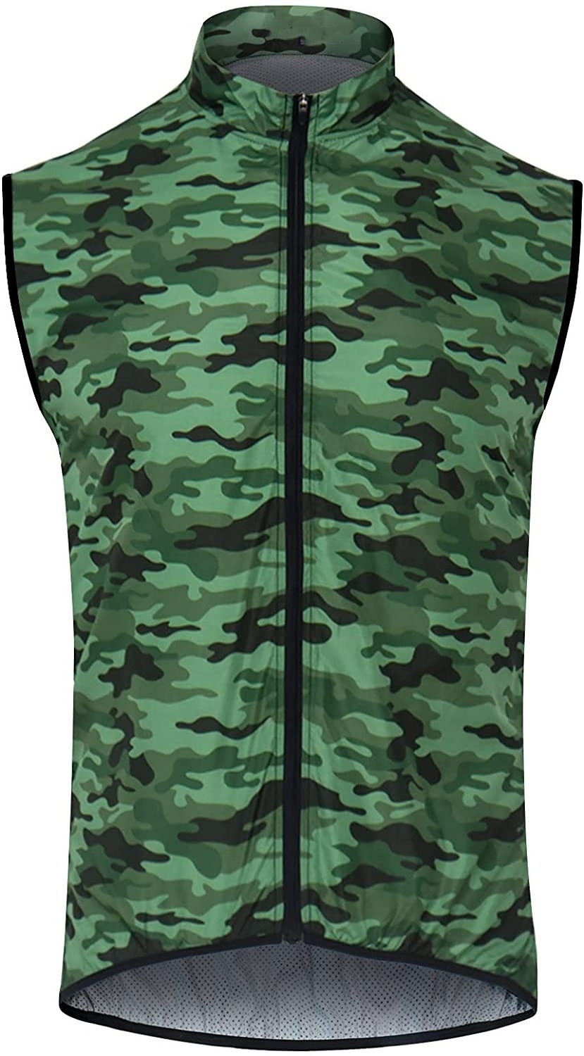 Sublimated Men Camouflage Printed Cycling Vest Sleeveless Lightweight Cycling Gilet Wind Vest With Deep Rear Pockets