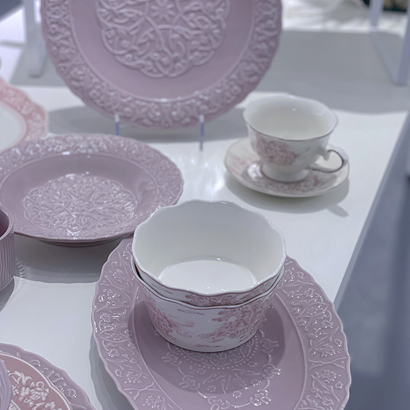 european embossed lace dinner ceramic tableware antique plate purple dinner set for 6 person