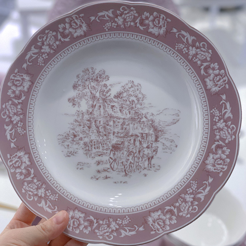 european embossed lace dinner ceramic tableware antique plate purple dinner set for 6 person