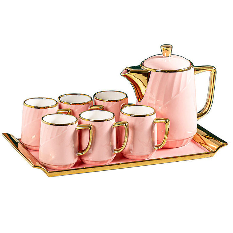 european style wholesale home coffee water set 6 cups saucer with kettle nordic gold plated