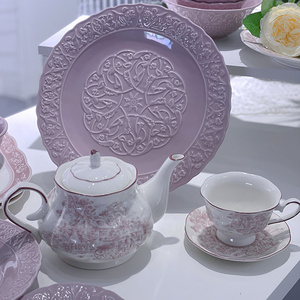 european embossed lace dinner ceramic tableware antique plate purple dinner set for 6 person