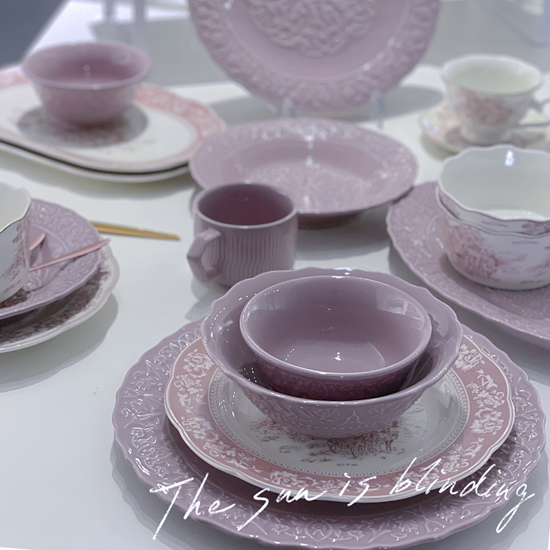 european embossed lace dinner ceramic tableware antique plate purple dinner set for 6 person