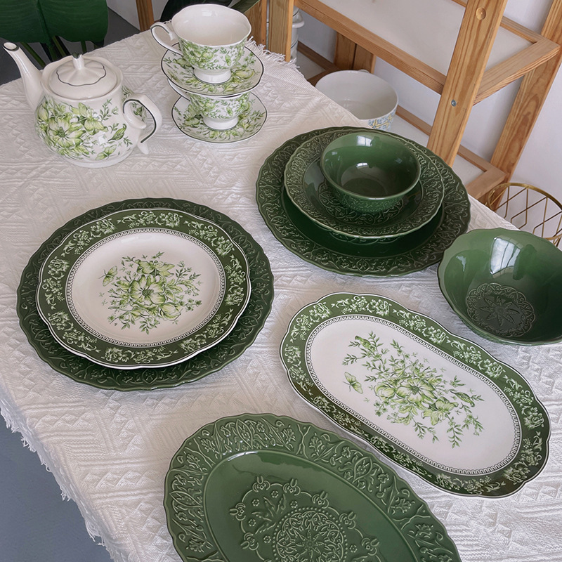 french retro green light luxury tableware aesthetic popular jade dishes ceramic plates sets