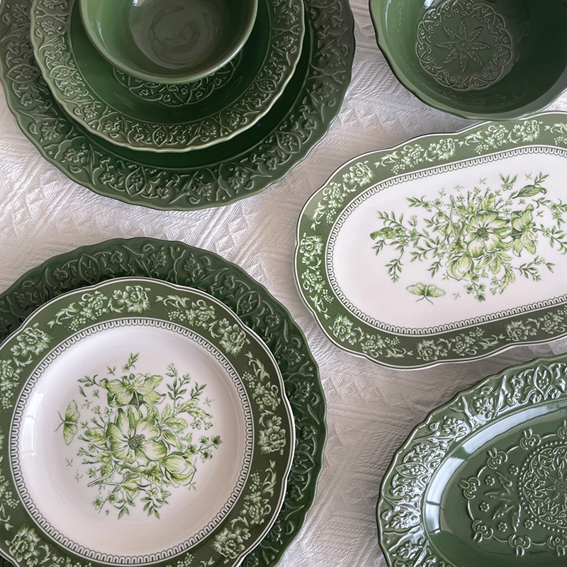 french retro green light luxury tableware aesthetic popular jade dishes ceramic plates sets