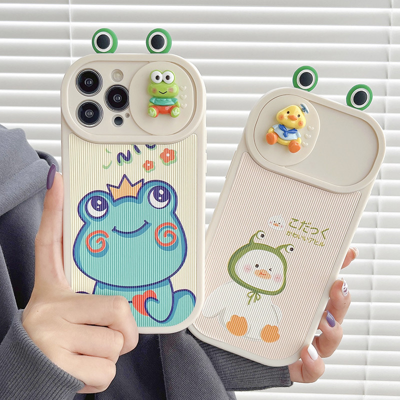 Cute 3D Frog Push Pull Camera Lens Protective Phone Case For iPhone 14 Pro Max 13 12 11 14 Plus Cartoon Duck Soft Back Cover