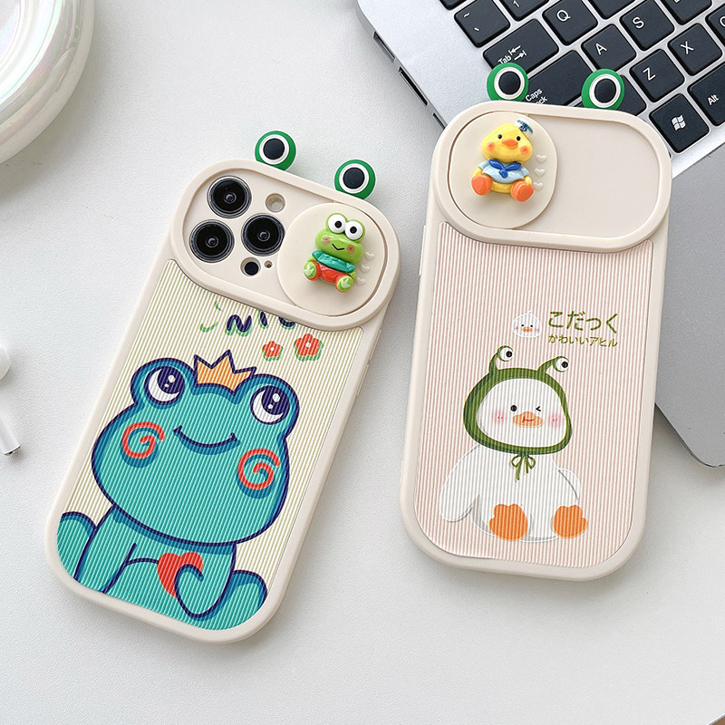 Cute 3D Frog Push Pull Camera Lens Protective Phone Case For iPhone 14 Pro Max 13 12 11 14 Plus Cartoon Duck Soft Back Cover