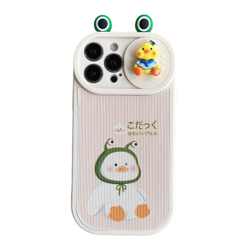 Cute 3D Frog Push Pull Camera Lens Protective Phone Case For iPhone 14 Pro Max 13 12 11 14 Plus Cartoon Duck Soft Back Cover