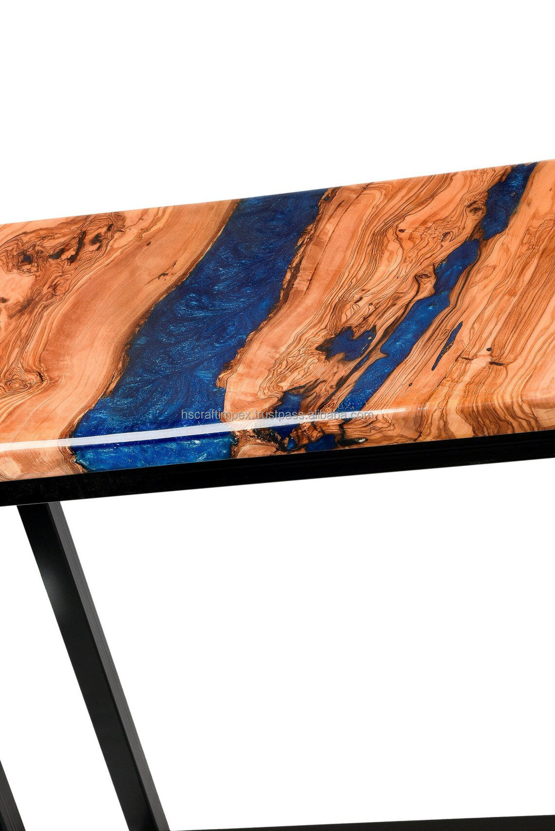 Solid Acacia Wood Live Edge Coffee Table with Blue Epoxy Resin and Metal Legs