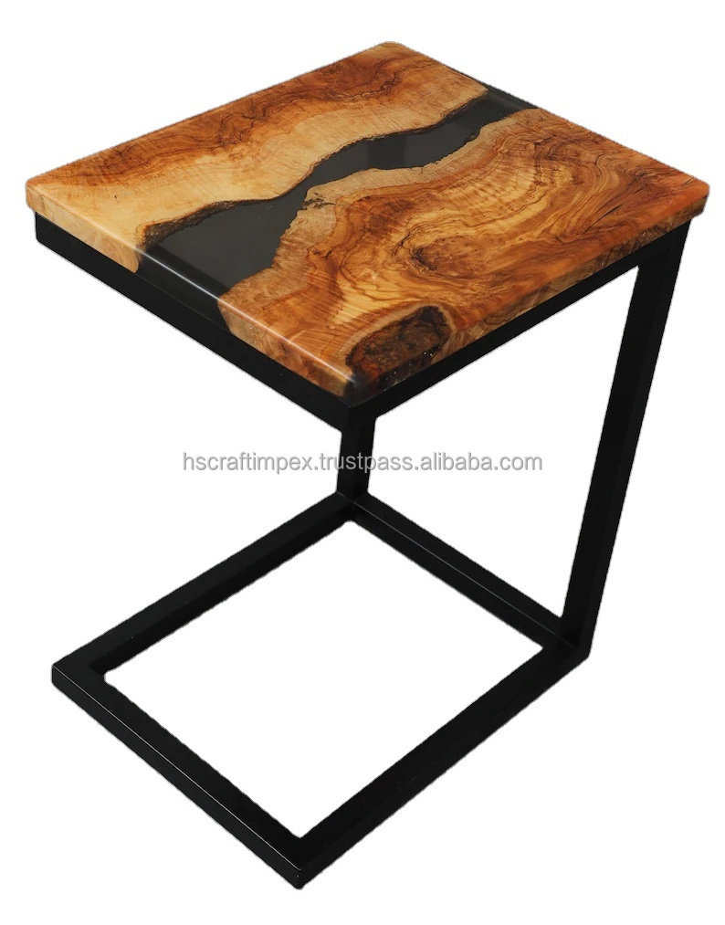 Solid Acacia Wood Live Edge Coffee Table with Blue Epoxy Resin and Metal Legs