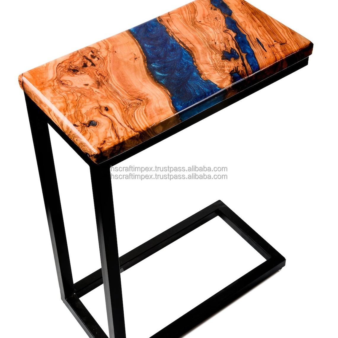 Solid Acacia Wood Live Edge Coffee Table with Blue Epoxy Resin and Metal Legs