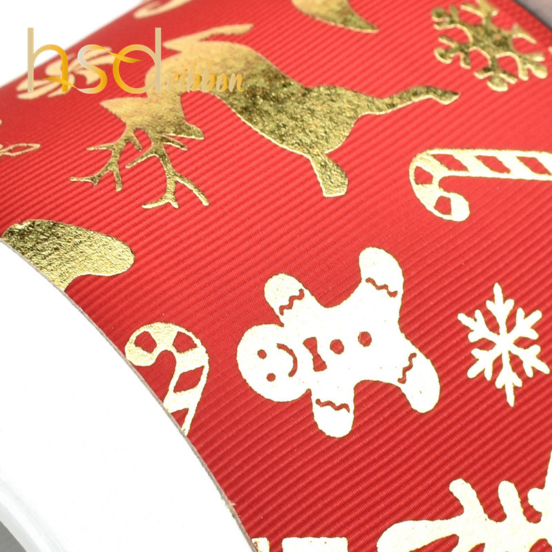 HSDRibbon custom printed Christmas series gold foil on red grosgrain ribbon