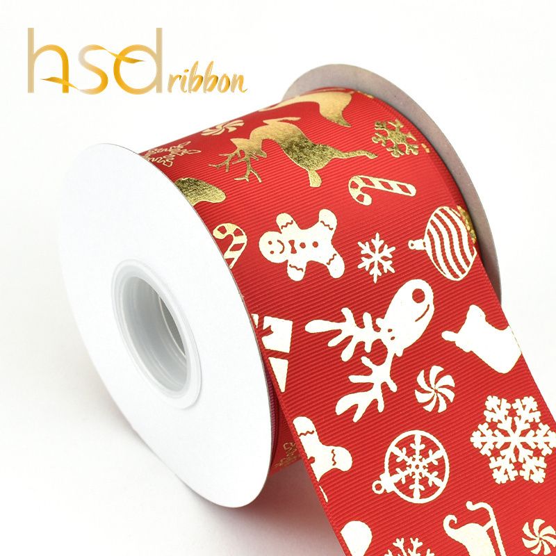 HSDRibbon custom printed Christmas series gold foil on red grosgrain ribbon