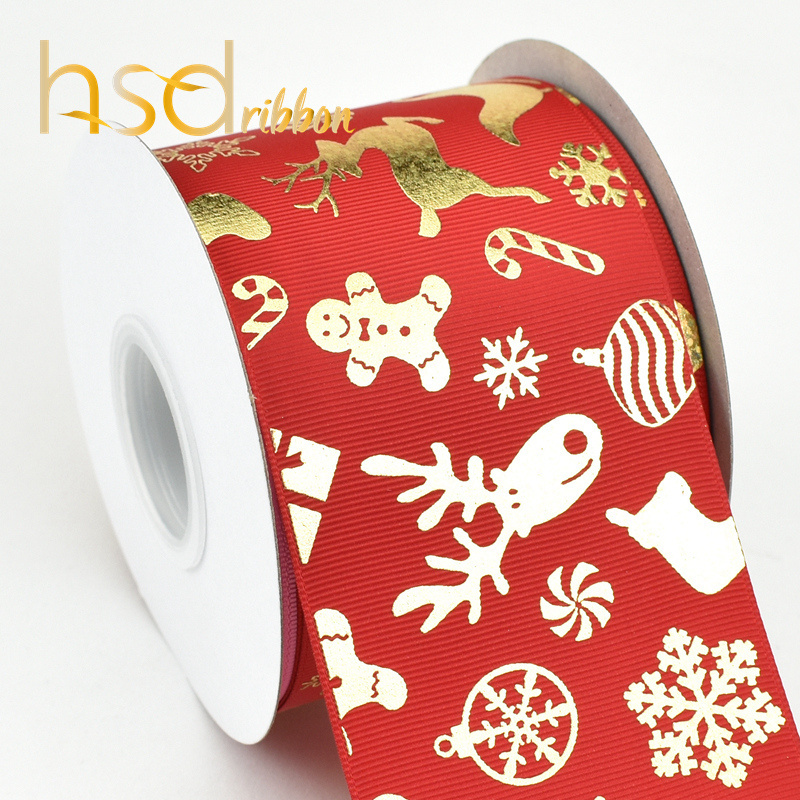 HSDRibbon custom printed Christmas series gold foil on red grosgrain ribbon