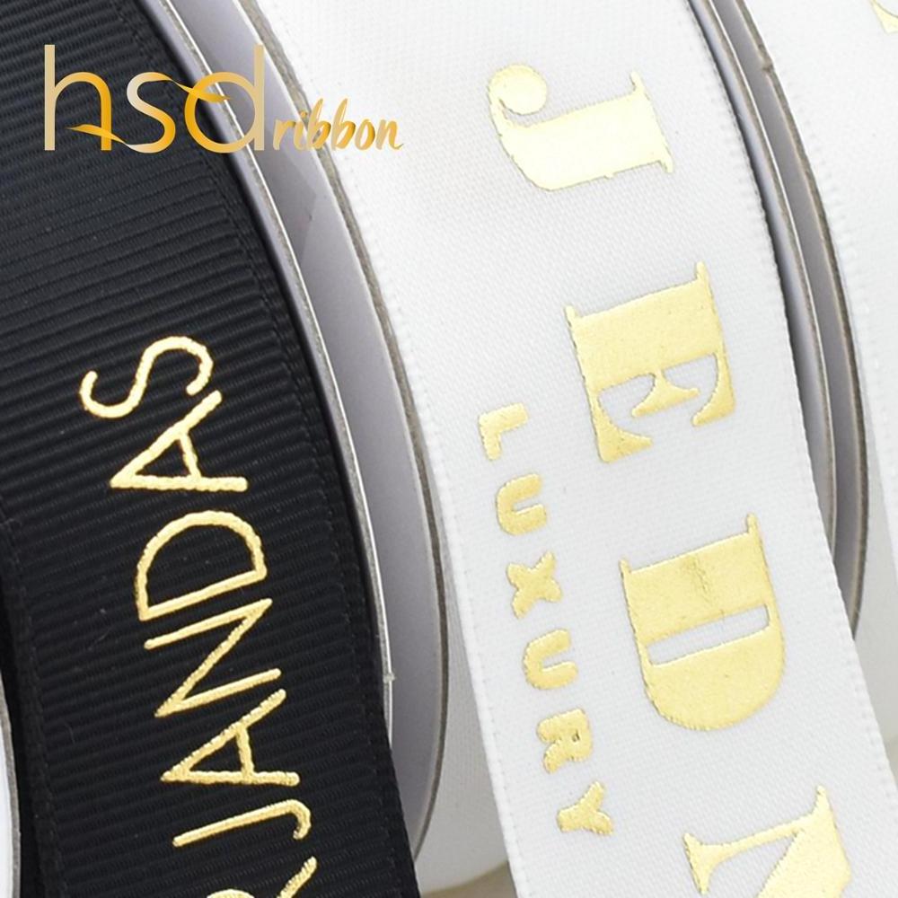 HSDRIBBON Custom gold foil printed Logo into White black Satin Ribbon