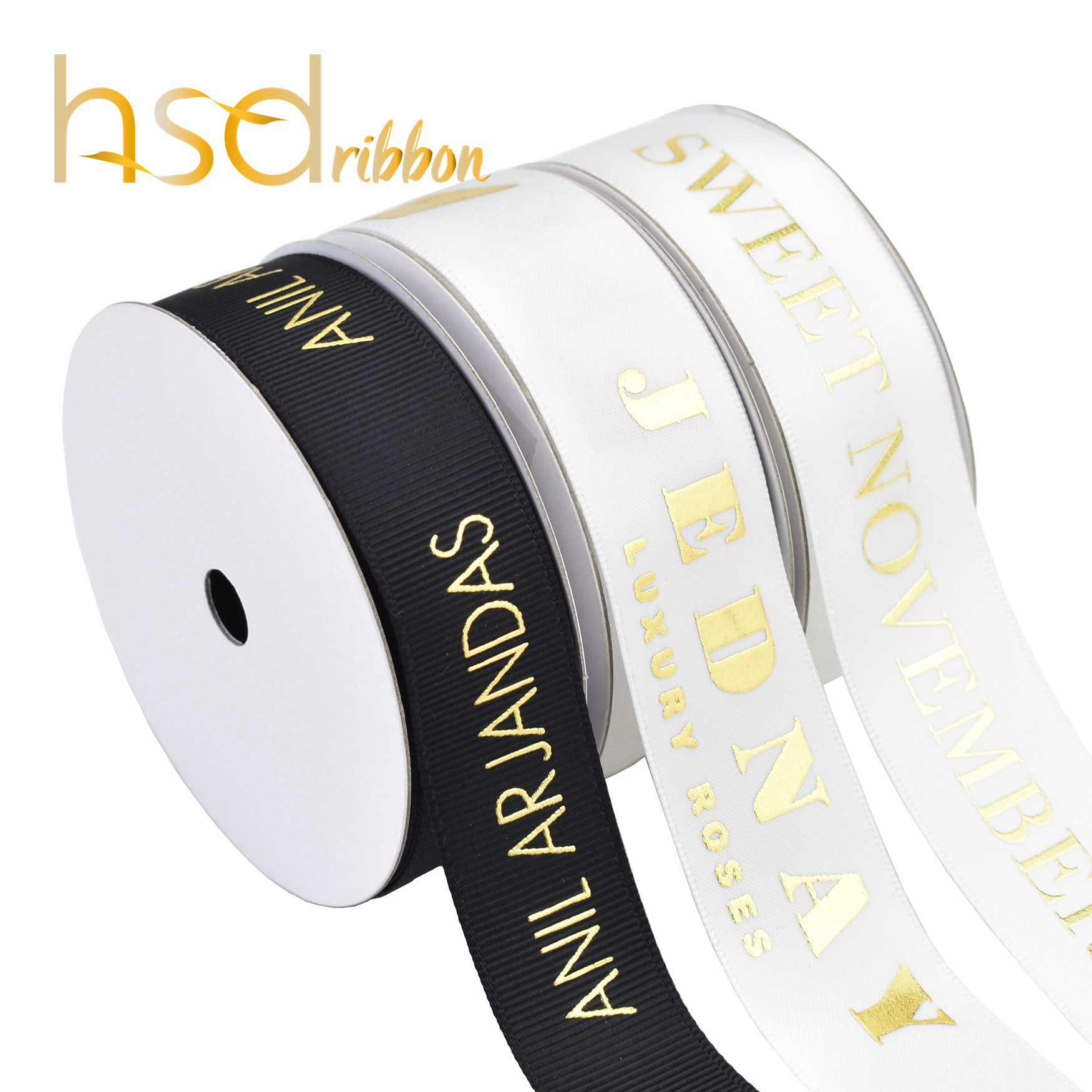 HSDRIBBON Custom gold foil printed Logo into White black Satin Ribbon