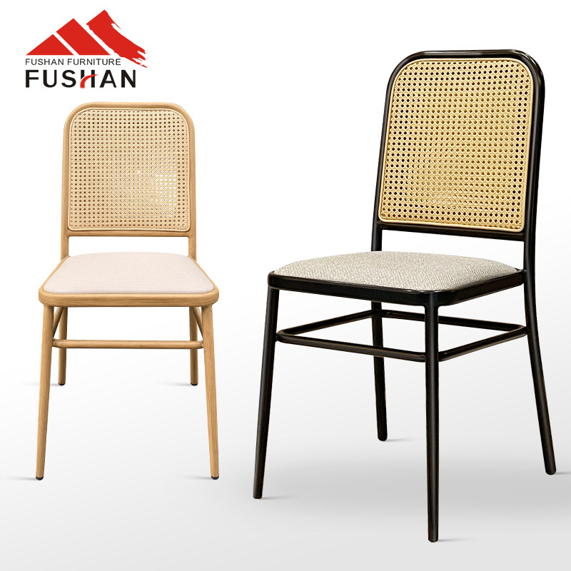 French Retro Design Natural Wood Color Restaurant Chair Hotel Project Rattan Back With Metal Frame Dining Chair Indoor Chair