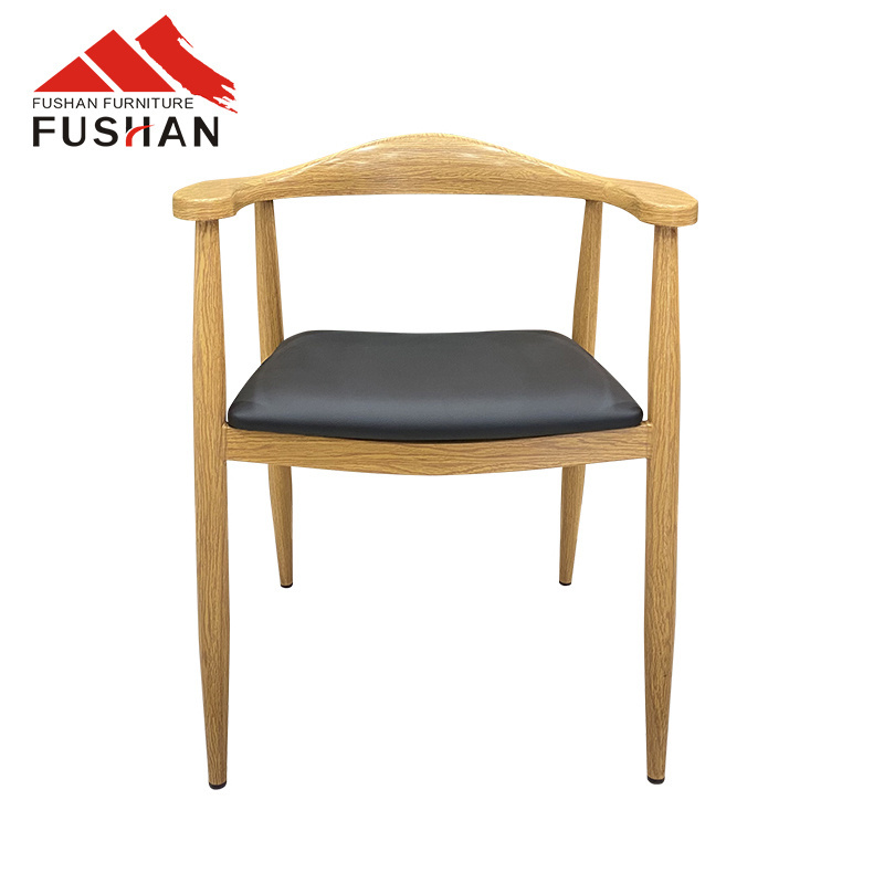 Nordic style hans wegner horn chair with pu seat elbow dining chair wooden like metal chair for restaurant funiture