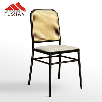 French Retro Design Natural Wood Color Restaurant Chair Hotel Project Rattan Back With Metal Frame Dining Chair Indoor Chair