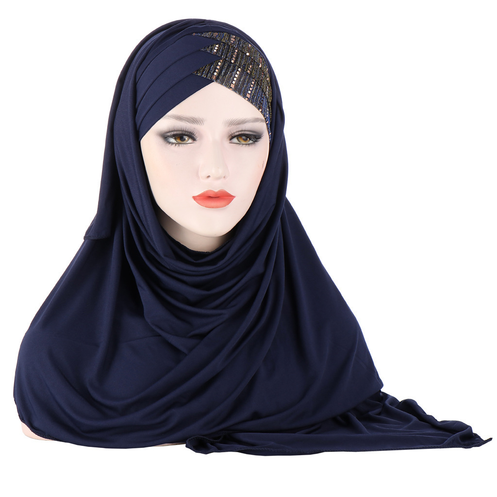 Sequins Glitter Forehead Cross Muslim Hijab Scarf Ready to Wear Turban Hijabs Islamic Women Headscarf Female Head Wraps