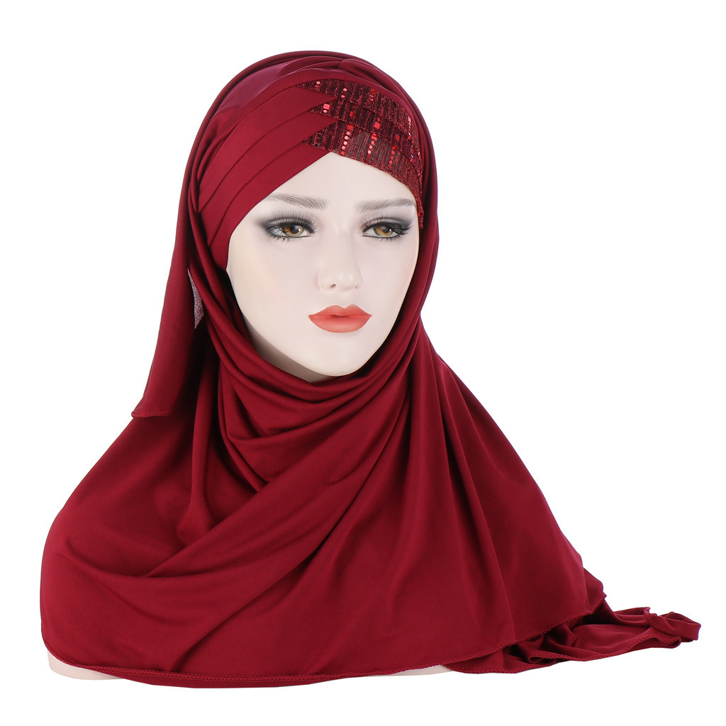 Sequins Glitter Forehead Cross Muslim Hijab Scarf Ready to Wear Turban Hijabs Islamic Women Headscarf Female Head Wraps