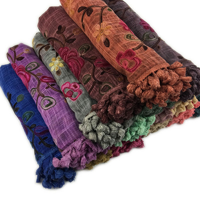 Vintage Embroidered Scarf For Women Muslim Hijab Scarf Fashion Plant Print Shawls Wraps Cotton Scarves Women Head Accessories