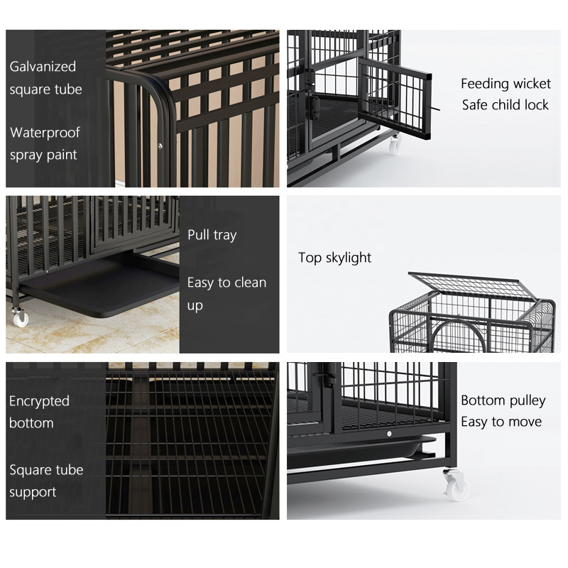 Wholesale Outdoor Heavy Kennel High Strength Stainless Steel Black Large Dog Cage With Wheels