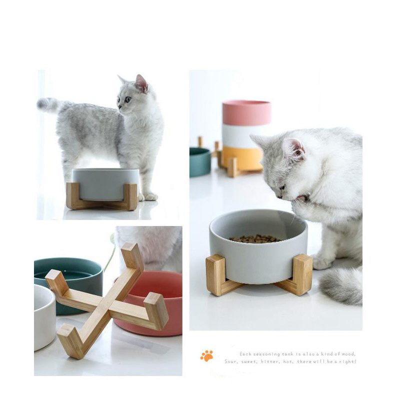 Wholesale Customised Pet Cat Luxury Elevated Large Feeding Water Bowl Dog Food Bowl Ceramic Dog Bowl With Wood Stand