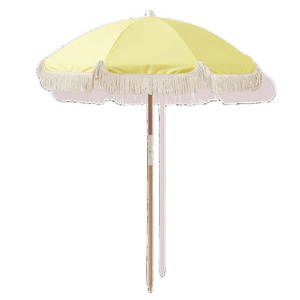 Australia Sunny Fringed Beach Outdoor Parasol Umbrella with Cotton Tassels, Wood Pole