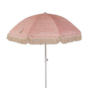 Luxury Vintage Boho Wooden Pole Premium Canvas Fringed Sun Outdoor Parasols Beach Umbrellas with Tassels