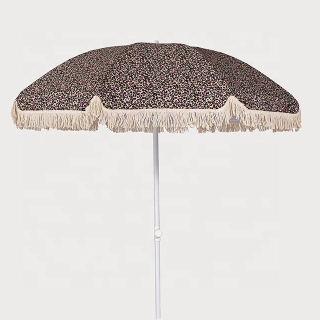 Aluminum and Wooden Outdoor Sun Protection Holiday Travel Tassels Beach Umbrella with Fringe