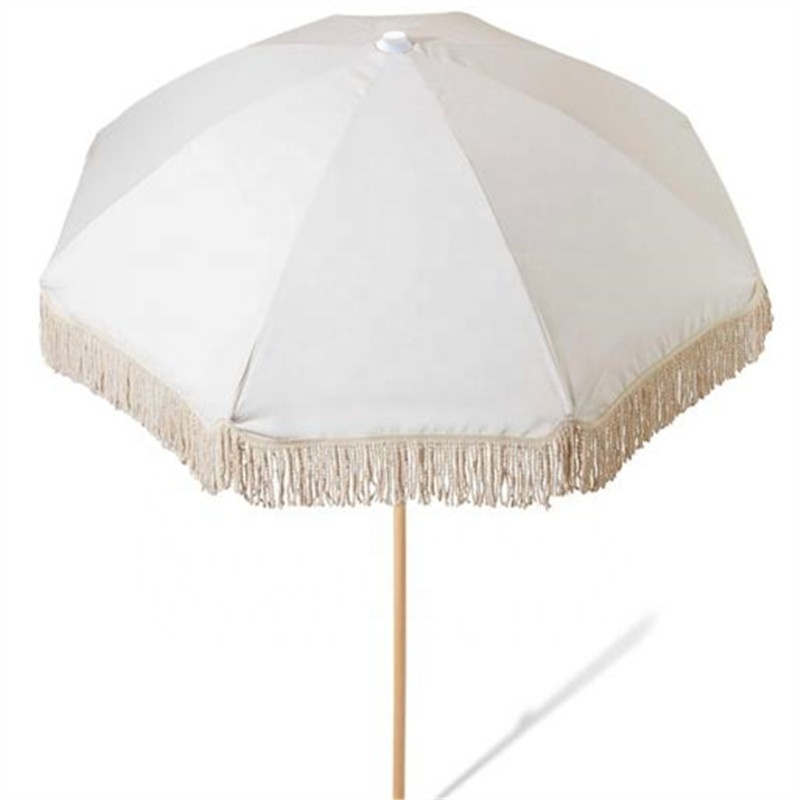 Outdoor Luxury  Wooden Pole tassels beach umbrella with fringe