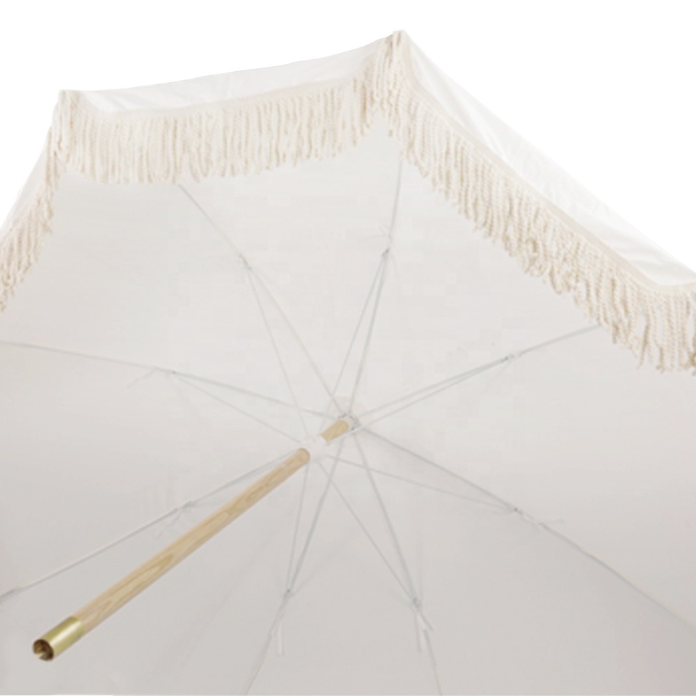 Outdoor Luxury  Wooden Pole tassels beach umbrella with fringe