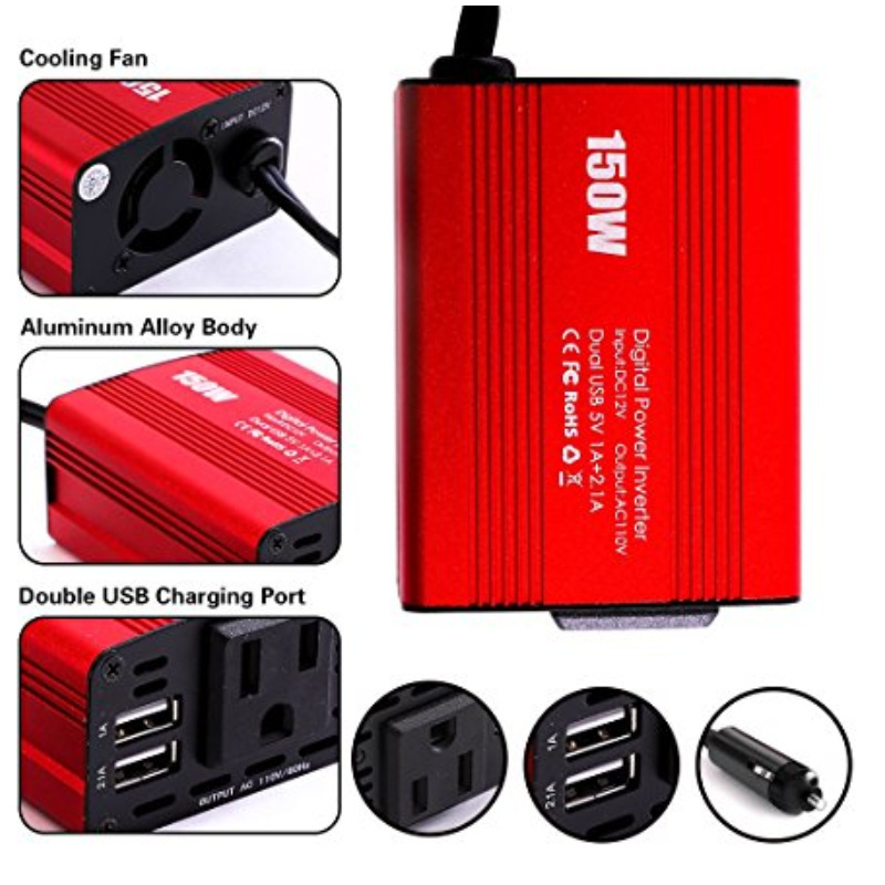 HOULI Dual USB 5V 2.1A charger DC 12V to AC Cigarette Lighter Plug 150 watt 300W Car Power Inverter 150W Phone Adapter