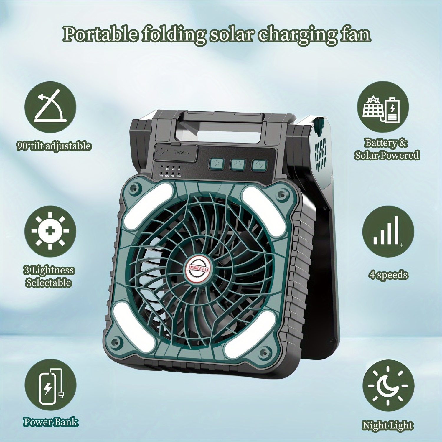 HOULI 5200mah ventilador portatil portable solar rechargeable standing usb fan with solar panel cooler led light