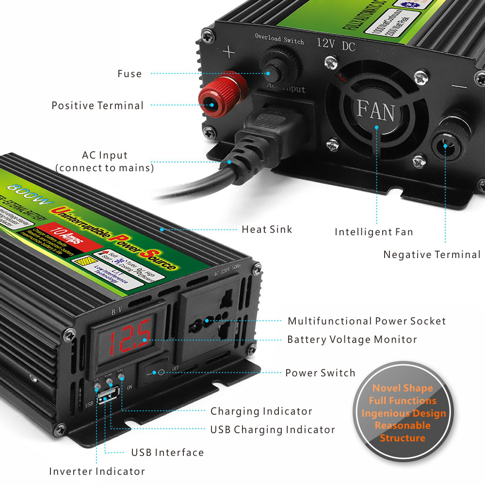 HOULI Rechargeable 800W / 1600W Ups Inverter 12V To 220V Modified Sine Wave Solar Ups Inverter with Charger