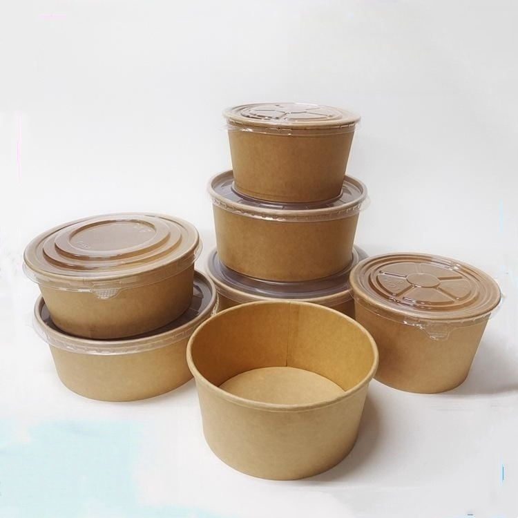 Food grade friendly kraft paper salad bowl with lid,Paper Bowl Round Take Away Packaging Box Porridge Soup Bucket