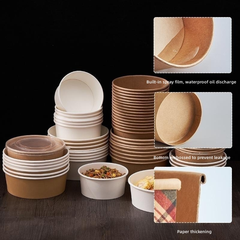 Food grade friendly kraft paper salad bowl with lid,Paper Bowl Round Take Away Packaging Box Porridge Soup Bucket