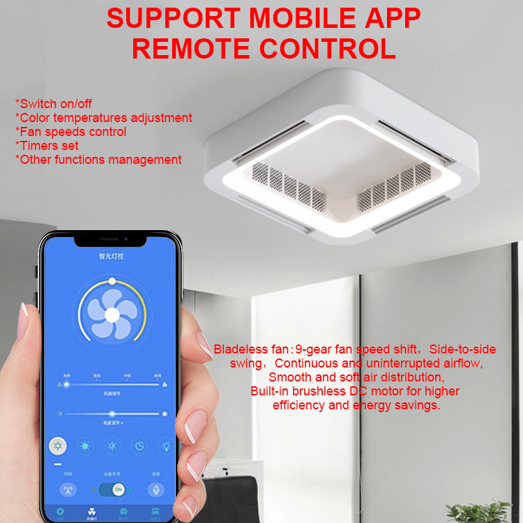 Modern Style APP Bluetooth Remote Control Square Bladeless Living Room Indoor Ceiling Fans With Lights