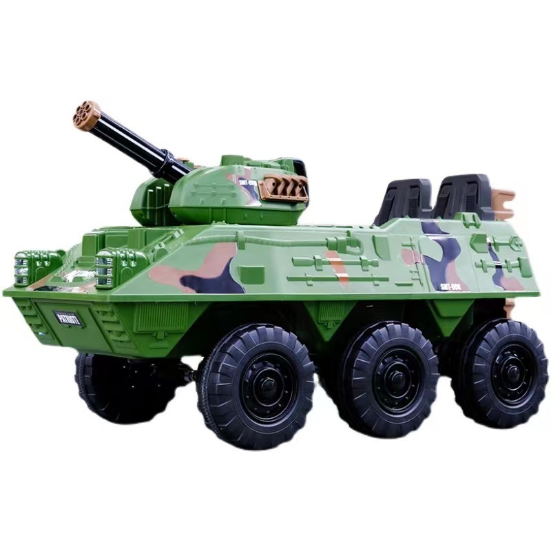 Child Electric Tank Toy Ride On Car Gray Green Color Plastic for Kids Music Light 12V Power Battery Two Seats