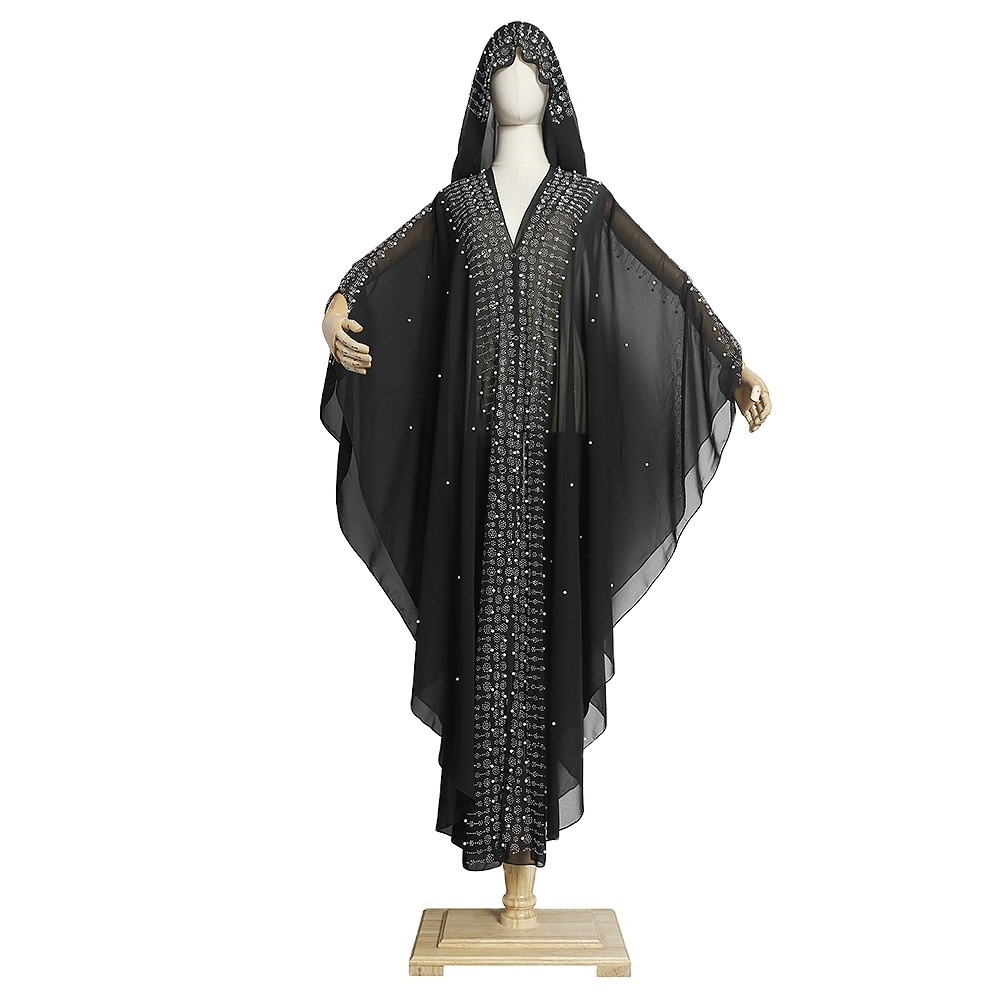 2024  Factory African Muslim Hooded Abaya Rhinestone Beaded Large Size Women Chiffon Islamic Dresses Abaya